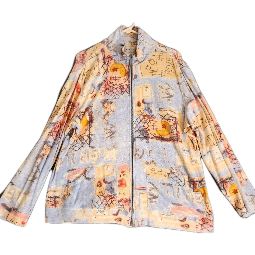 Chico's Jacket Oversized 100% Cotton Primitive Print Zippered Women's Sz 3 (XL)
